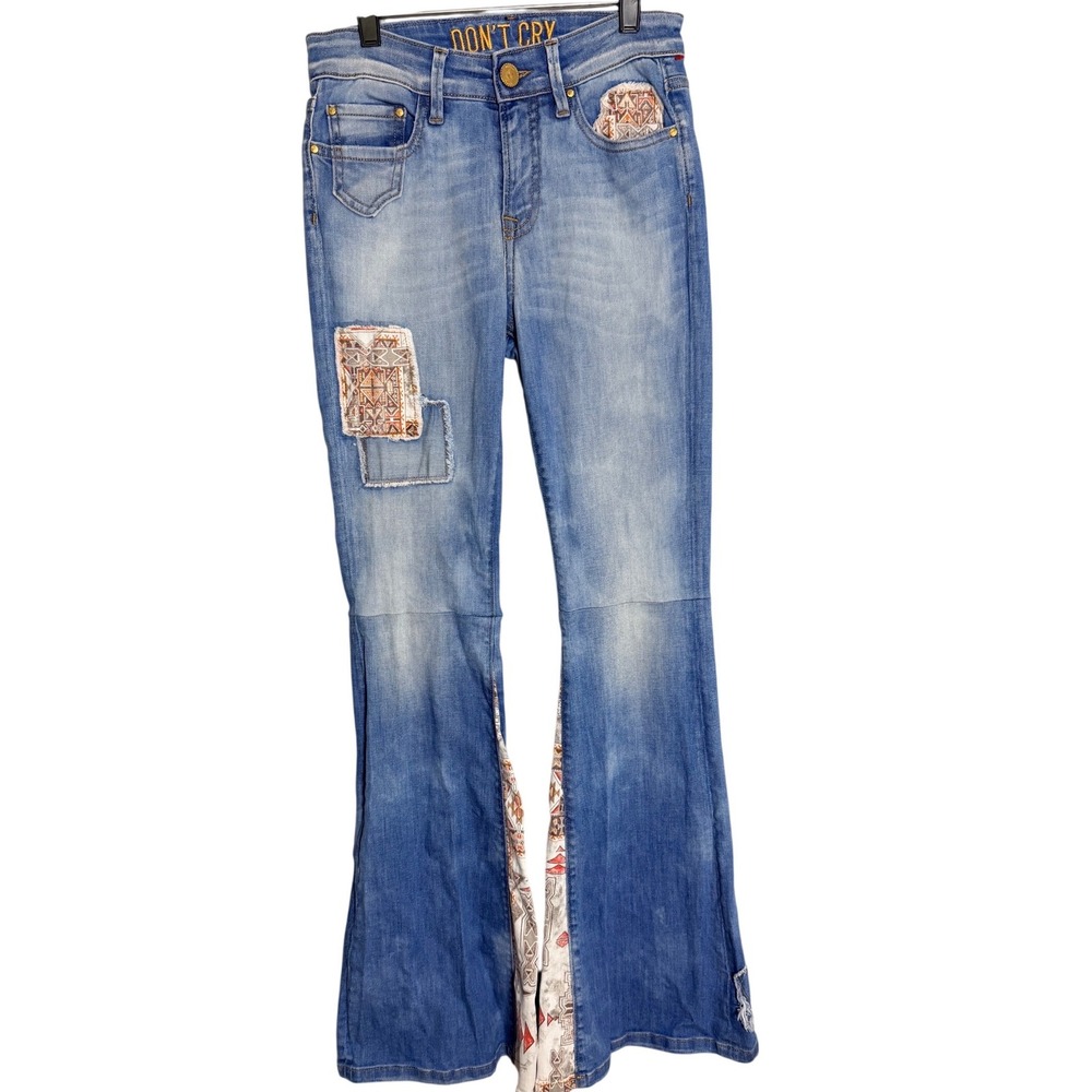 Don't Cry Milan Flare Jeans 26 Blue Boho Patchwork Embroidered Cotton Blend